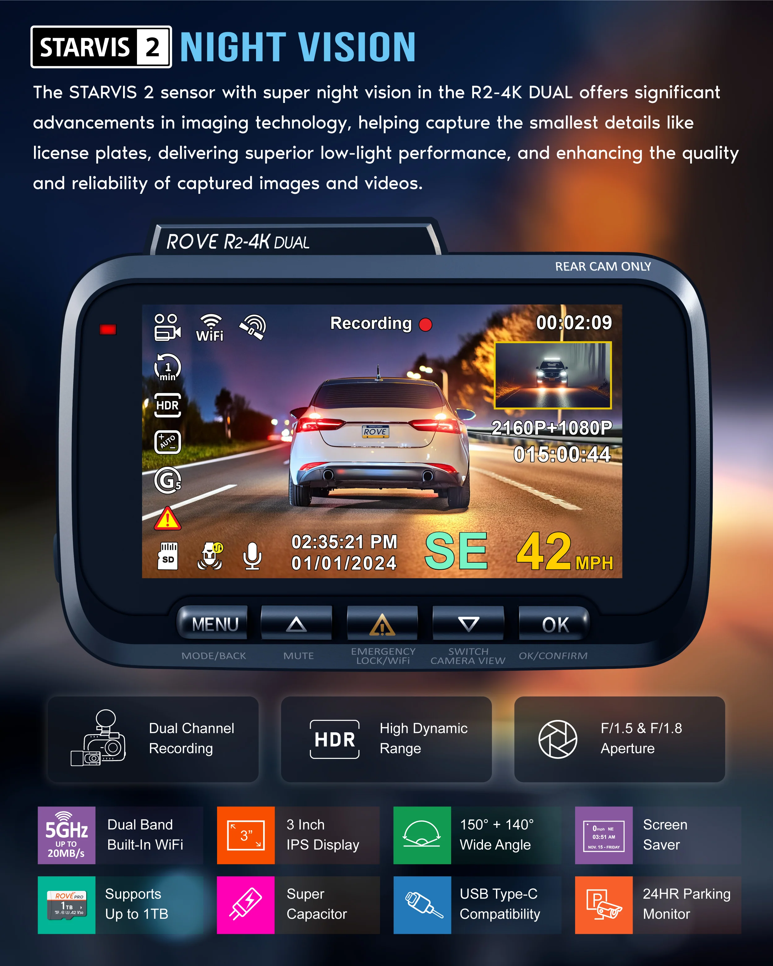 ROVE R2-4K DUAL Dash Cam Front and Rear, STARVIS 2 Sensor, FREE 128GB Card Included, 5G WiFi - Image 4