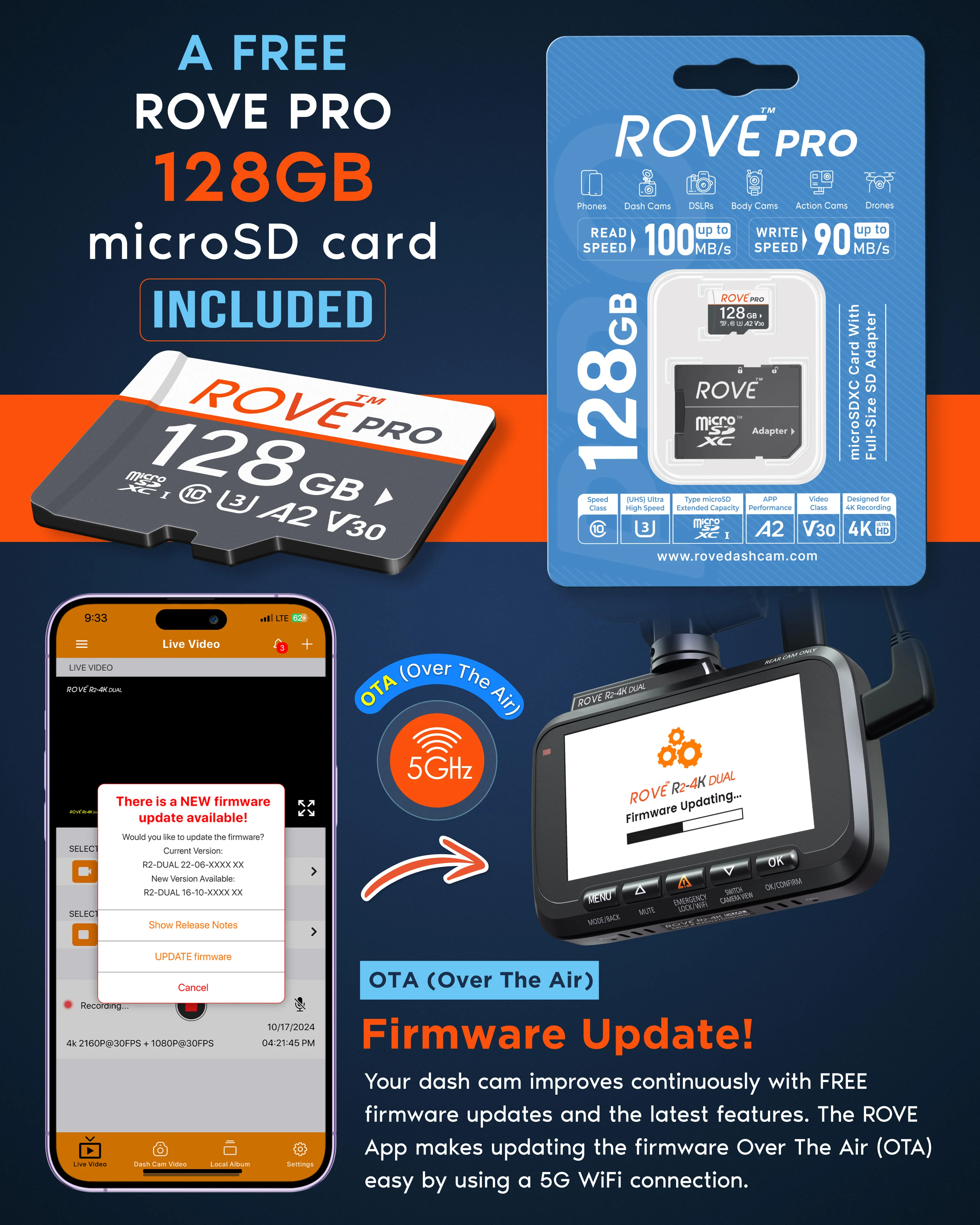 ROVE R2-4K DUAL Dash Cam Front and Rear, STARVIS 2 Sensor, FREE 128GB Card Included, 5G WiFi - Image 8
