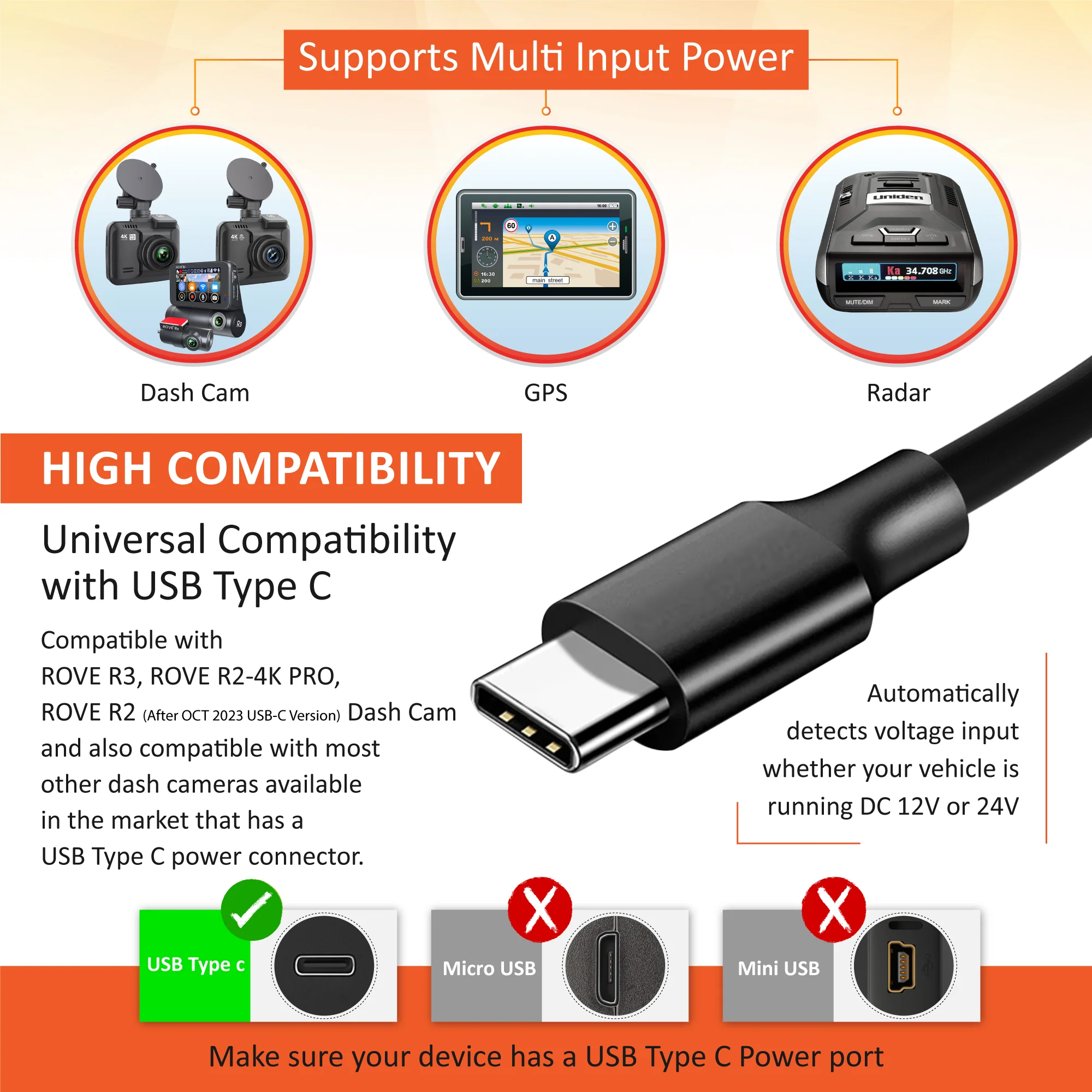 3 x ROVE Ultimate 3-Lead USB Type-C Hardwire Kit | for ROVE R2, R2 PRO, R2 DUAL and R3 Dash Cam | Check Compatibility Image Before Purchasing - Image 5