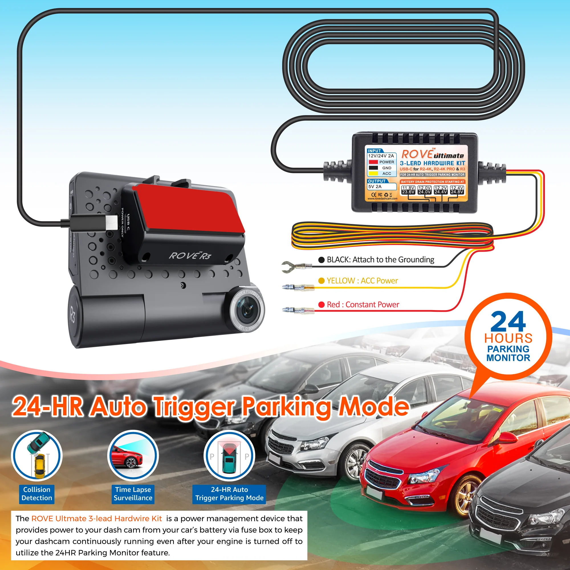 3 x ROVE Ultimate 3-Lead USB Type-C Hardwire Kit | for ROVE R2, R2 PRO, R2 DUAL and R3 Dash Cam | Check Compatibility Image Before Purchasing - Image 6