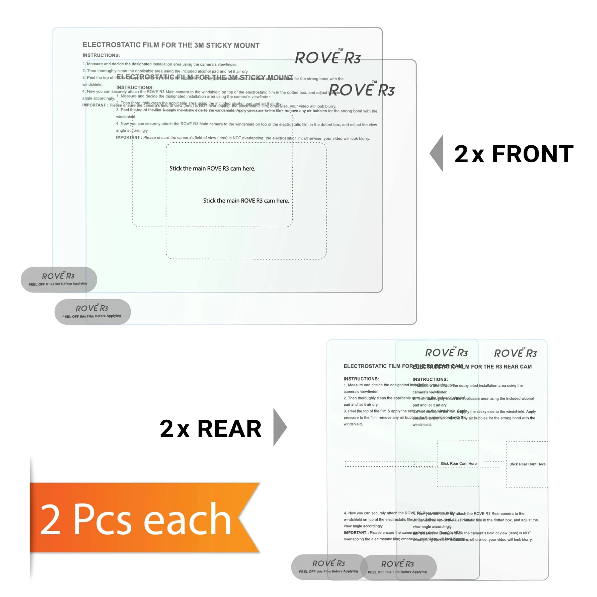 3M Stickers & Electrostatic Films for Rove R3 - 2 PCS Each ( 2PCs Front Cam electrostatic film + 2 PCs for rear cam electrostatic film and 3M stickers ) - Image 3