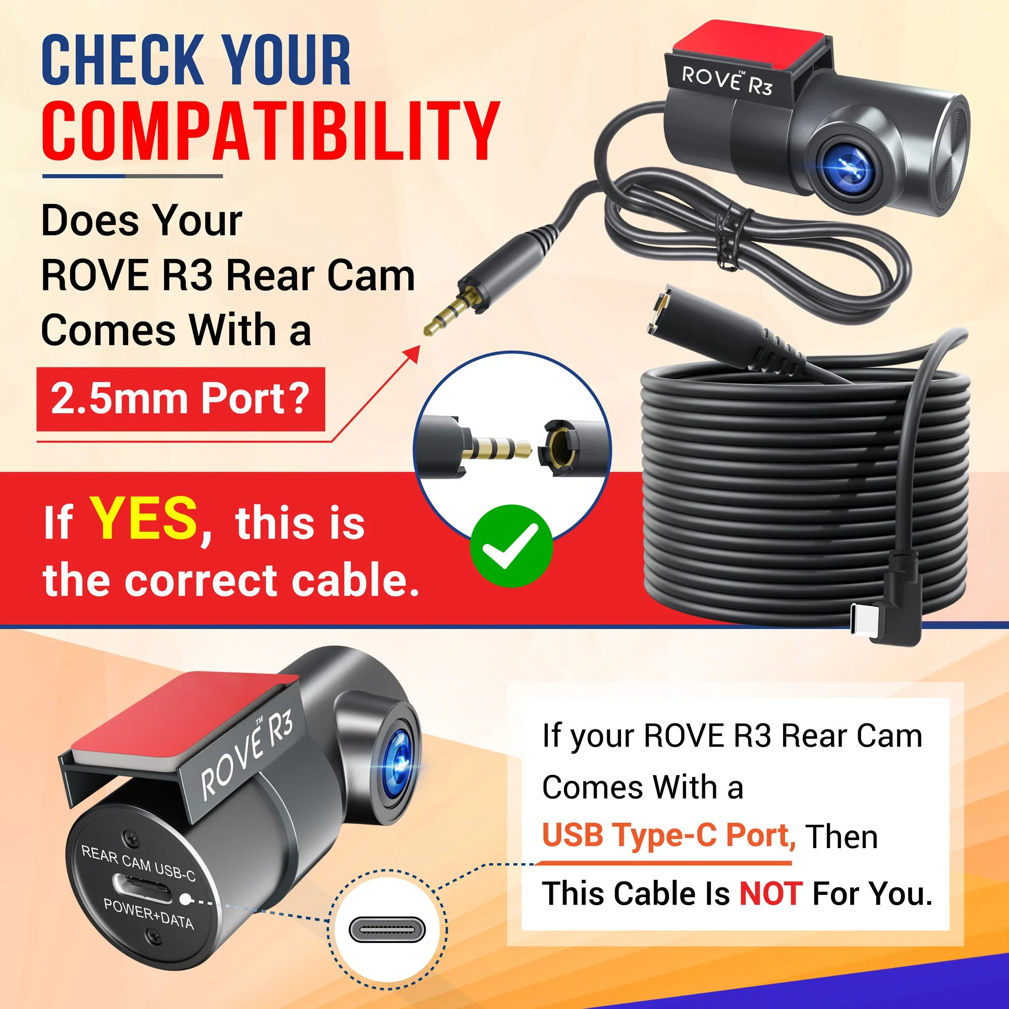 29.5FT/9m USB-C to 2.5mm port Extra Long Cable for ROVE R3 Rear Camera (for mini RV, Camper, Trucks and Large Vehicles) | Check Compatibility Image Before Purchasing - Image 2