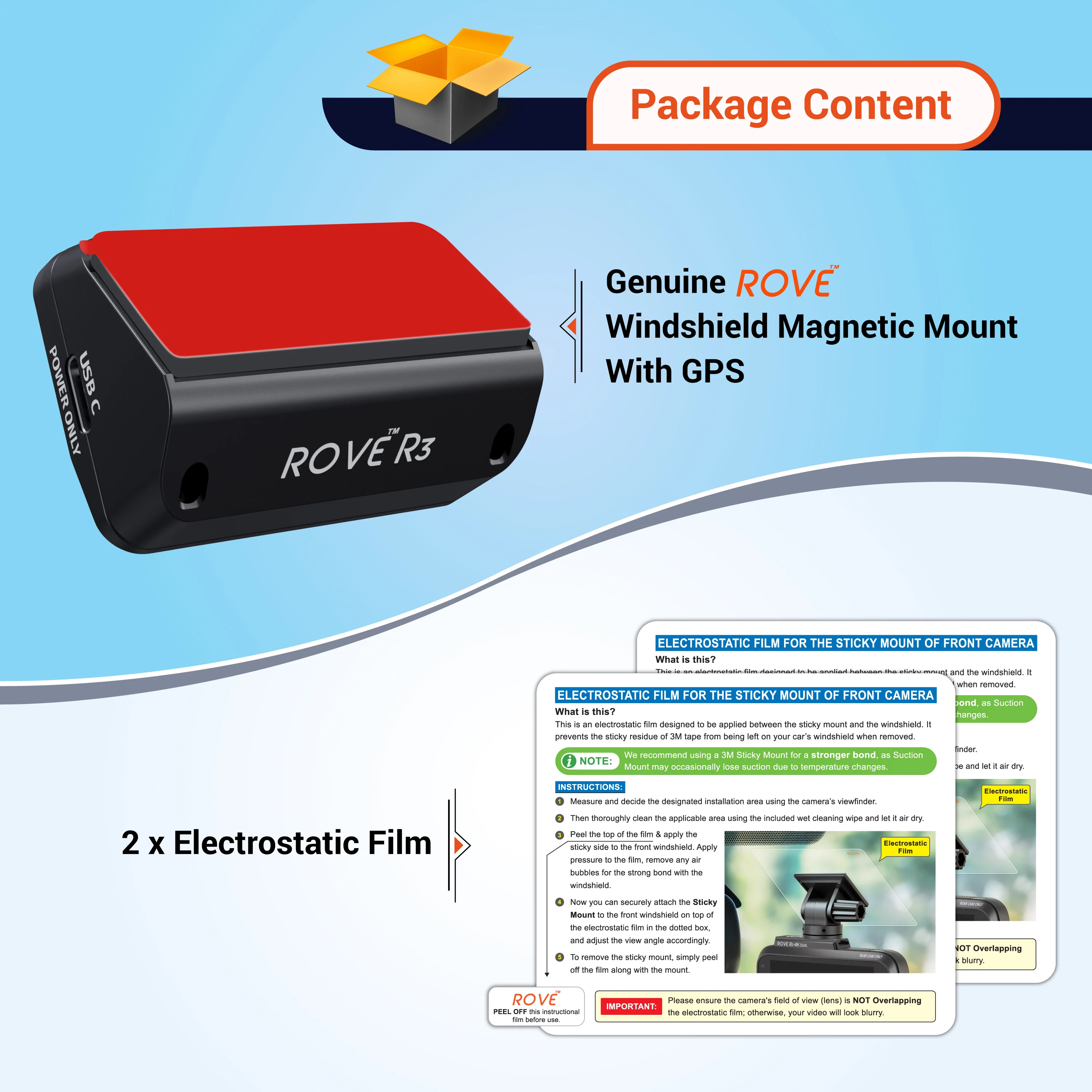 R3 Magnetic Mount with GPS for ROVE R3 Dash Cam Model + 2x Free Easy Peel Electrostatic Film (Check Compatibility Image Before Purchasing) - Image 5