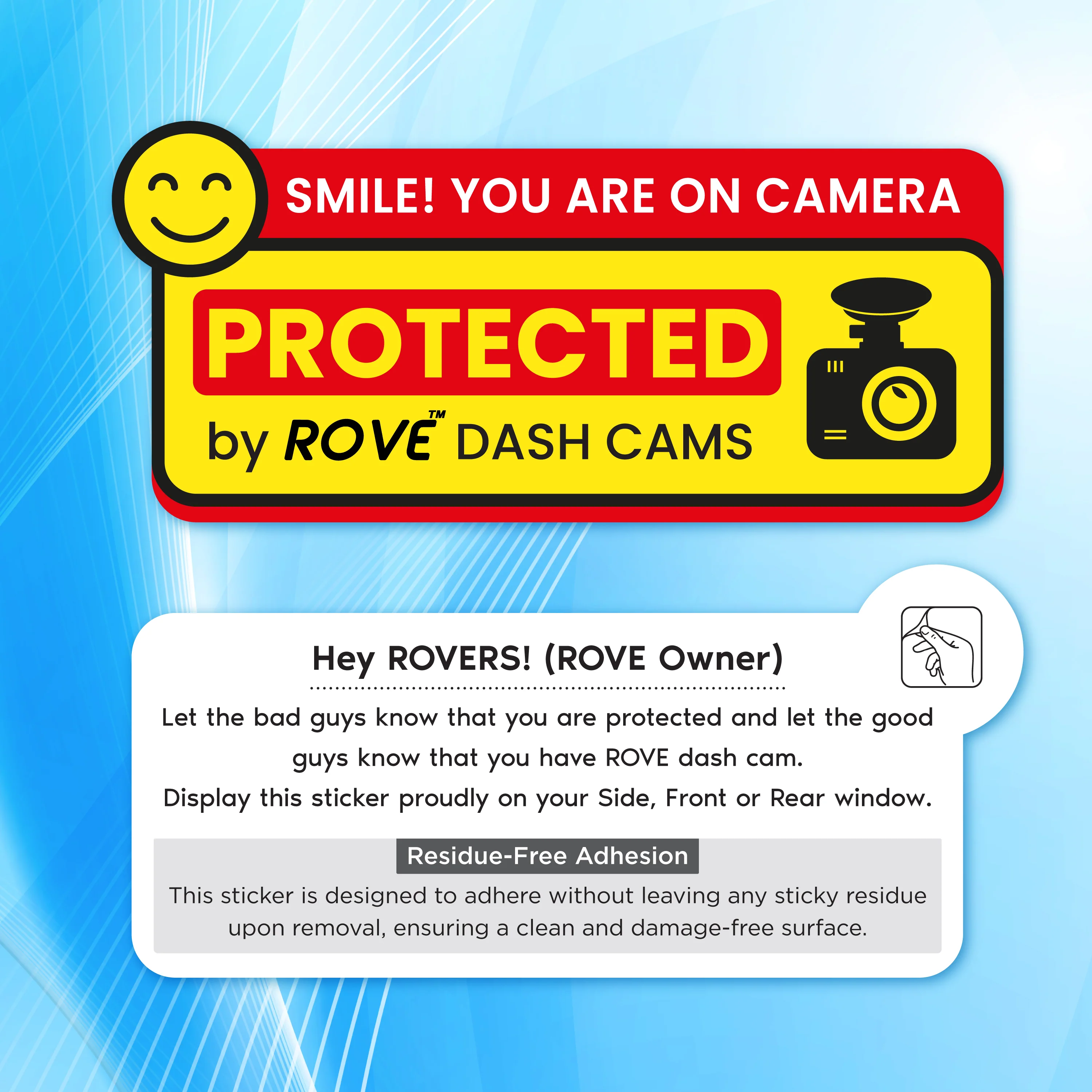 ROVE Dash Cam Window/Bumper Sticker – "Smile! You Are on Camera" | Double-Sided, Weatherproof & Residue-Free - Image 3