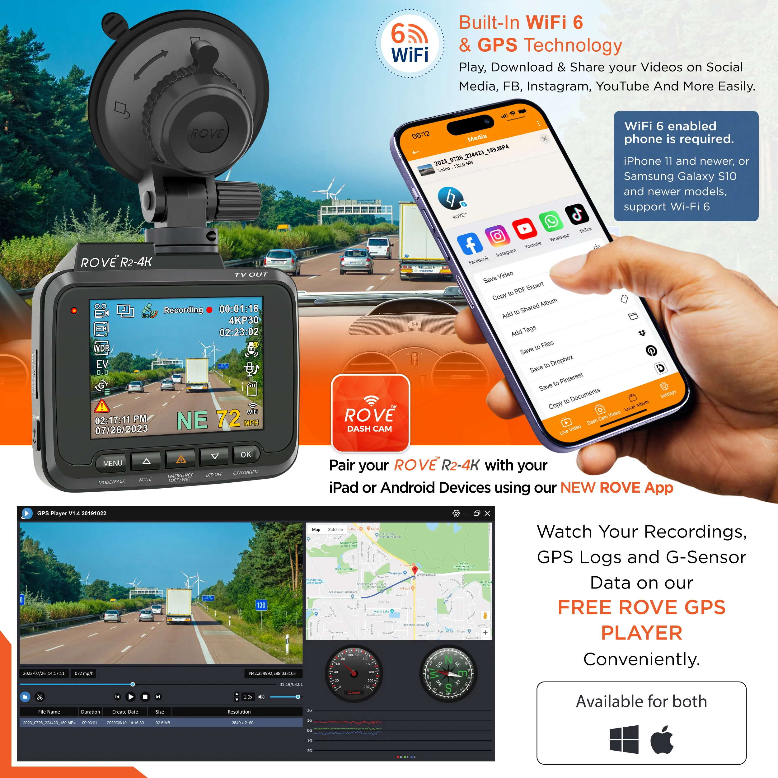 ROVE R2-4K Dash Cam 4K Ultra HD 2160P Car Dash Camera - Built In Wi-Fi 6 & GPS (Refurbished) - Image 4