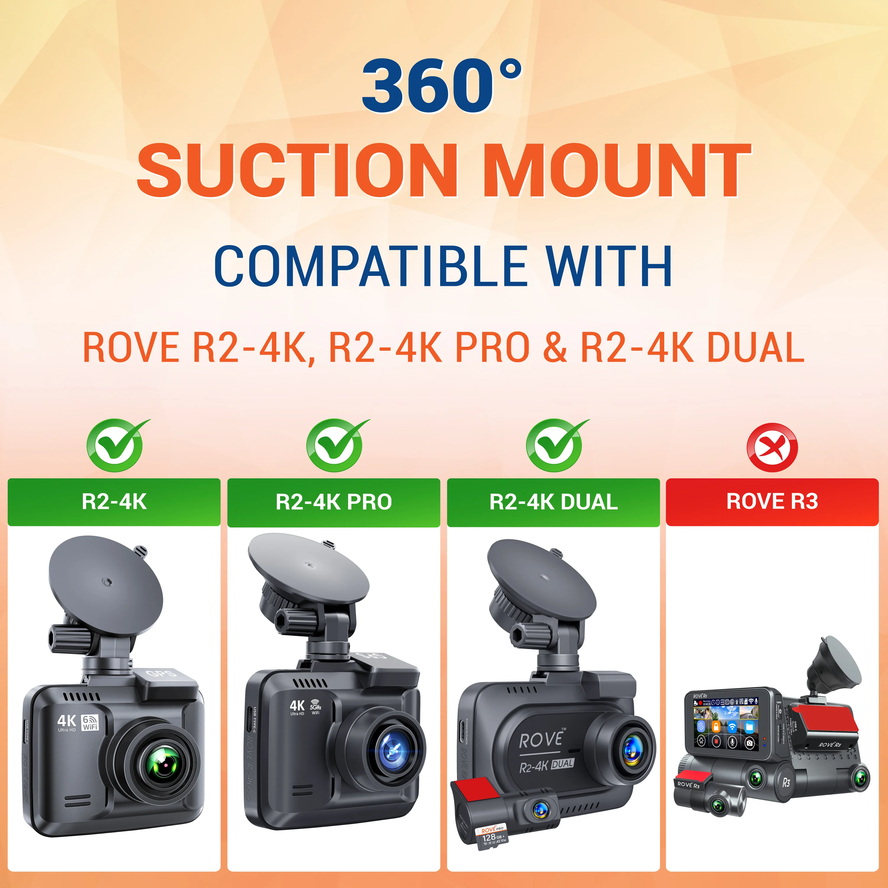 ROVE Suction Cup Mount for R2-4K, R2-4K PRO, R2-4K DUAL, and R2-4K DUAL PRO Dash Cam Models - Image 6