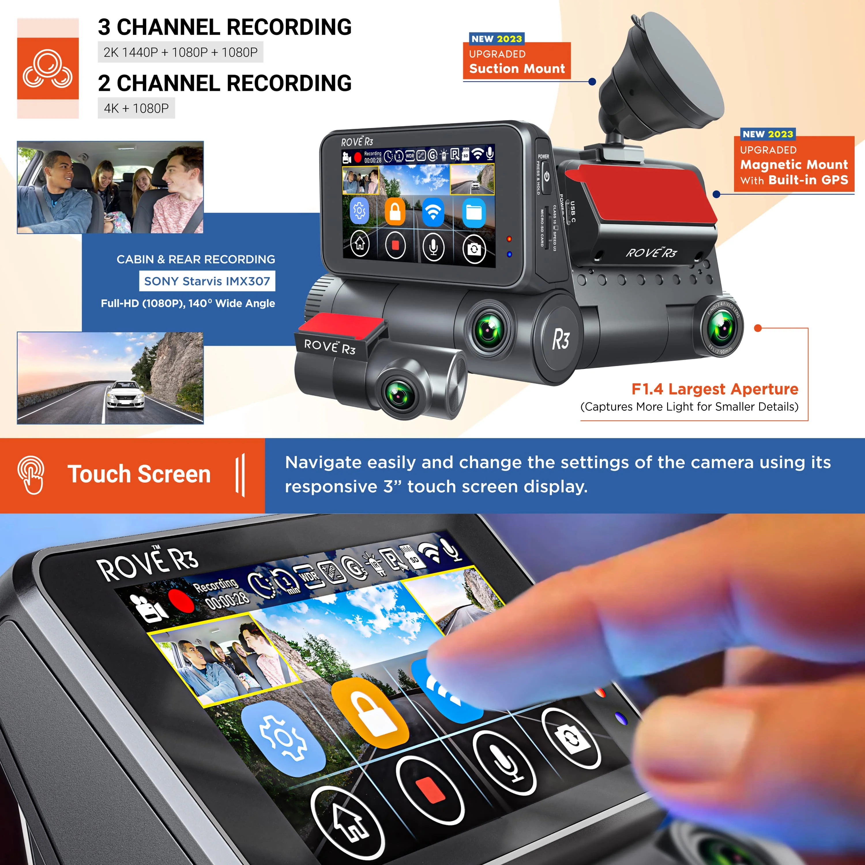ROVE R3 Dash Cam | 2023 Version | 3 Channel Touchscreen Dash Cam Built-in 5G WiFi, GPS, and Supercapacitor - Image 4