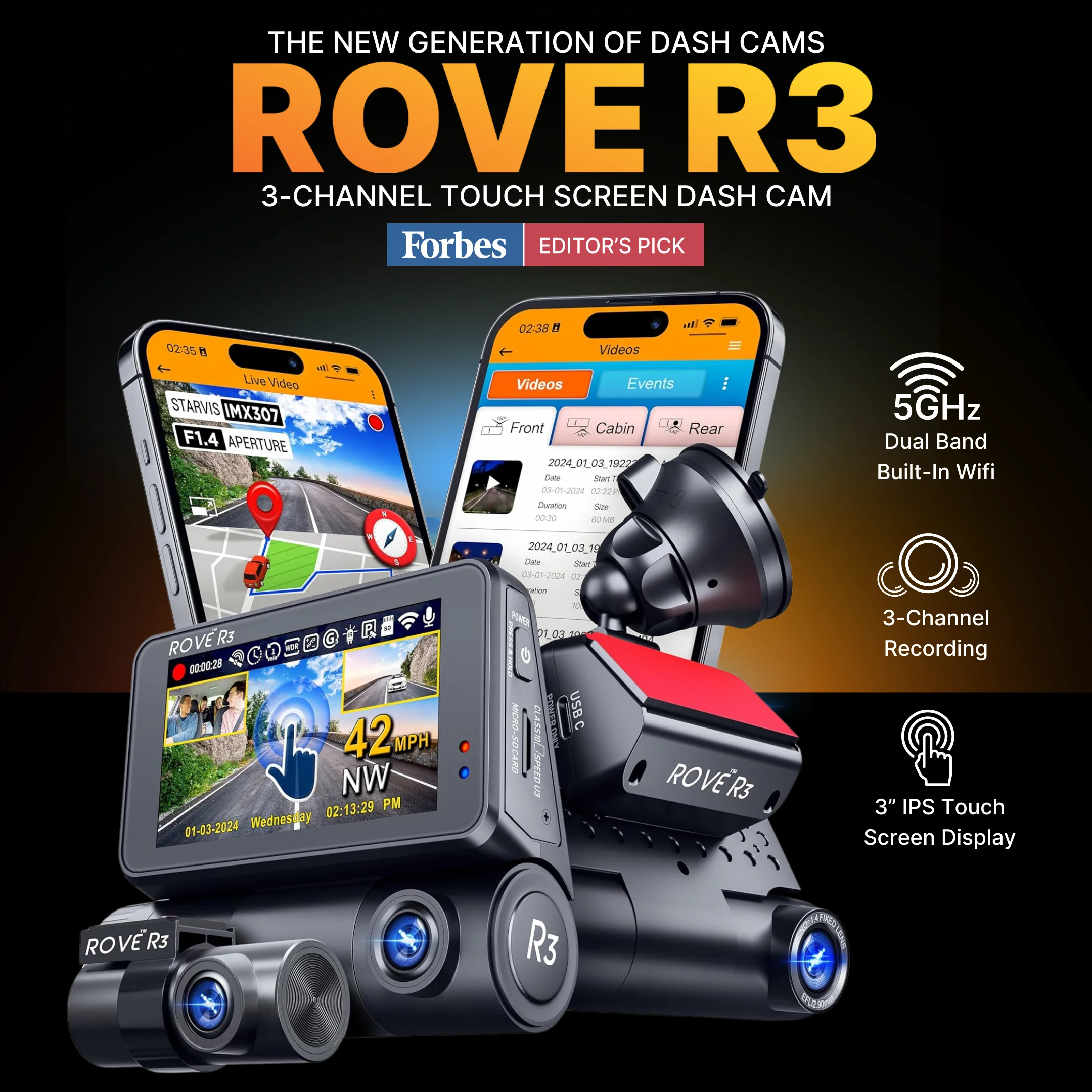 ROVE R3, 3 Channel Touch Screen Dash Cam with Built-in Dual-Band 5GHz WiFi, Built-in GPS, 24 Hr Parking Monitor, Super Capacitor, WDR, G-Sensor, Night Vision - Image 8