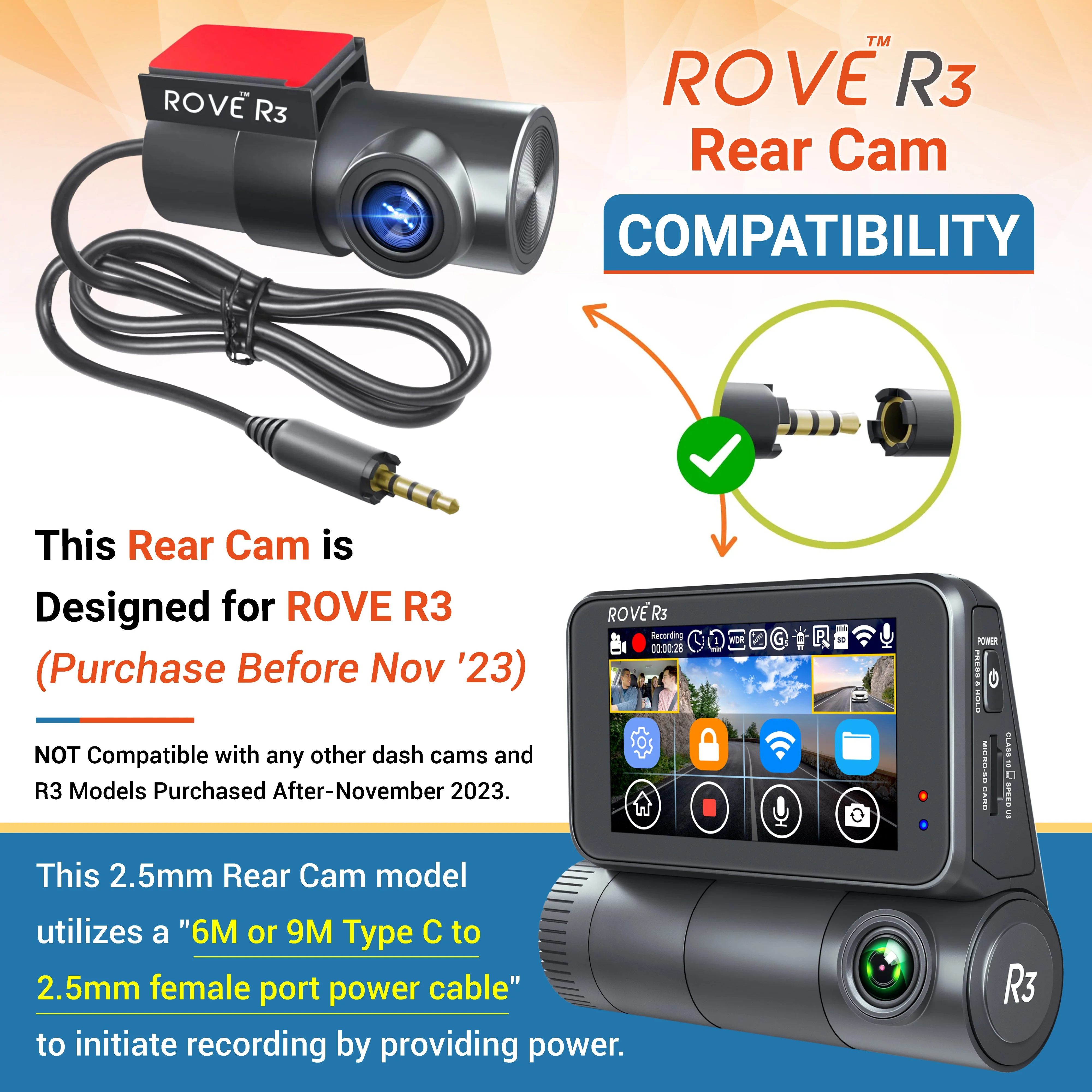 ROVE R3 Rear Cam, 180° Vertically Rotatable, 1080p full HD F1.8-140° Wide Angle and Night Vision enabled, Interior Rear Cam for Car, Truck, Mini RVs and Camper van | Check Compatibility Image Before Purchasing - Image 2