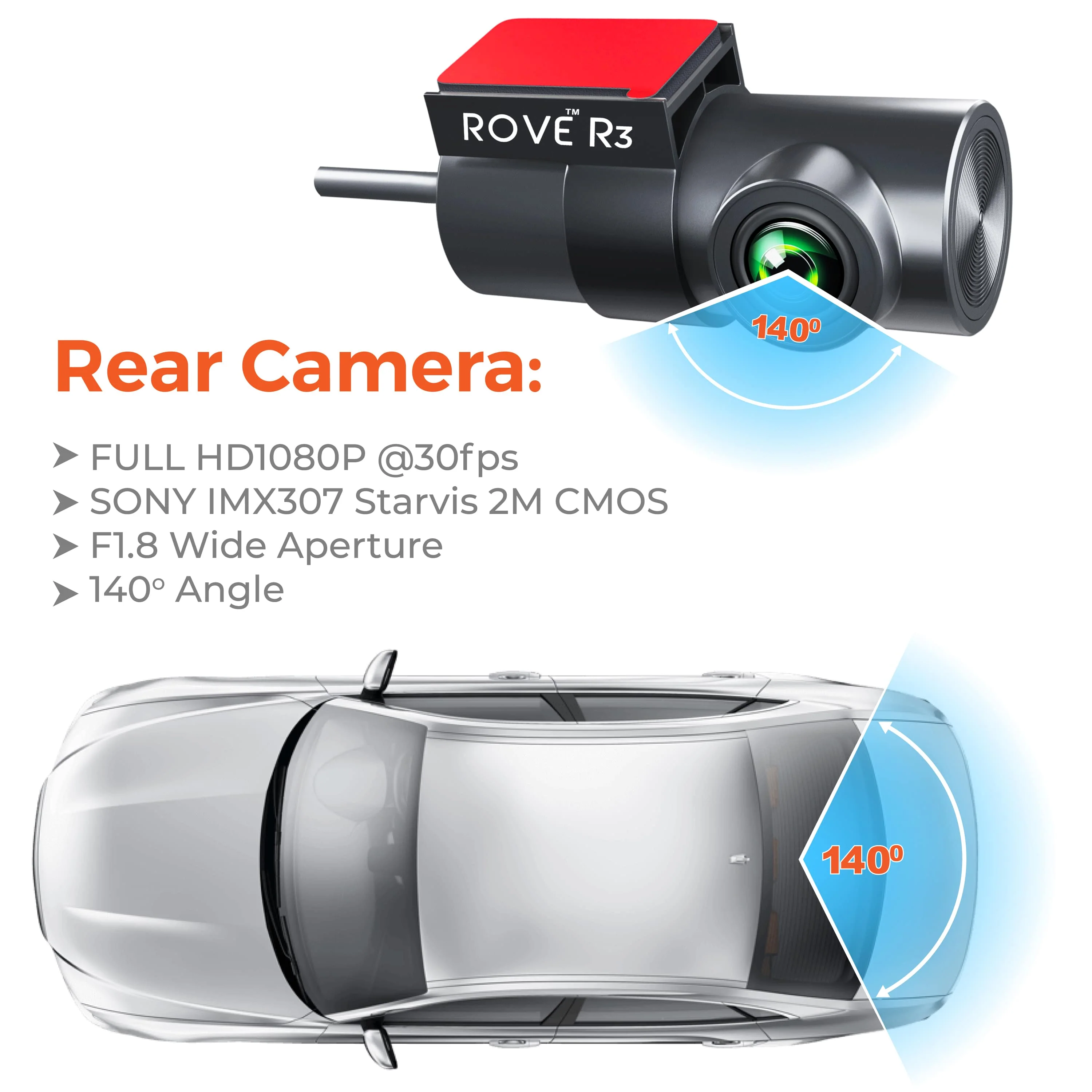 ROVE R3 Rear Cam, 180° Vertically Rotatable, 1080p full HD F1.8-140° Wide Angle and Night Vision enabled, Interior Rear Cam for Car, Truck, Mini RVs and Camper van | Check Compatibility Image Before Purchasing - Image 3