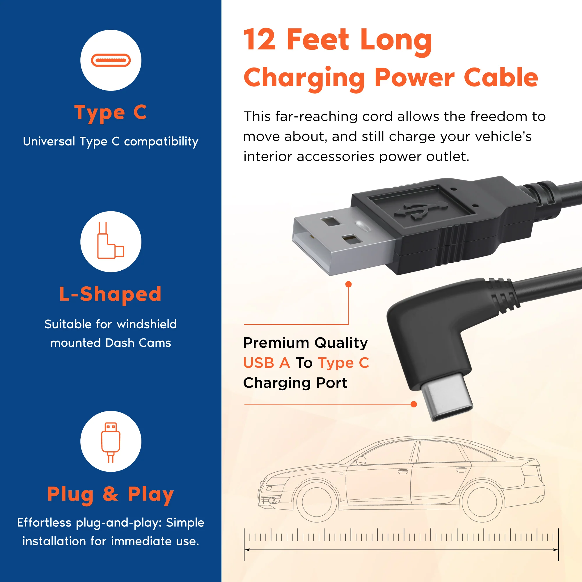 ROVE Ultimate 12ft USB-C Car Charging Power Cable for ROVE R2-4K, R2-4K PRO, R2-4K DUAL & R3 - Image 3