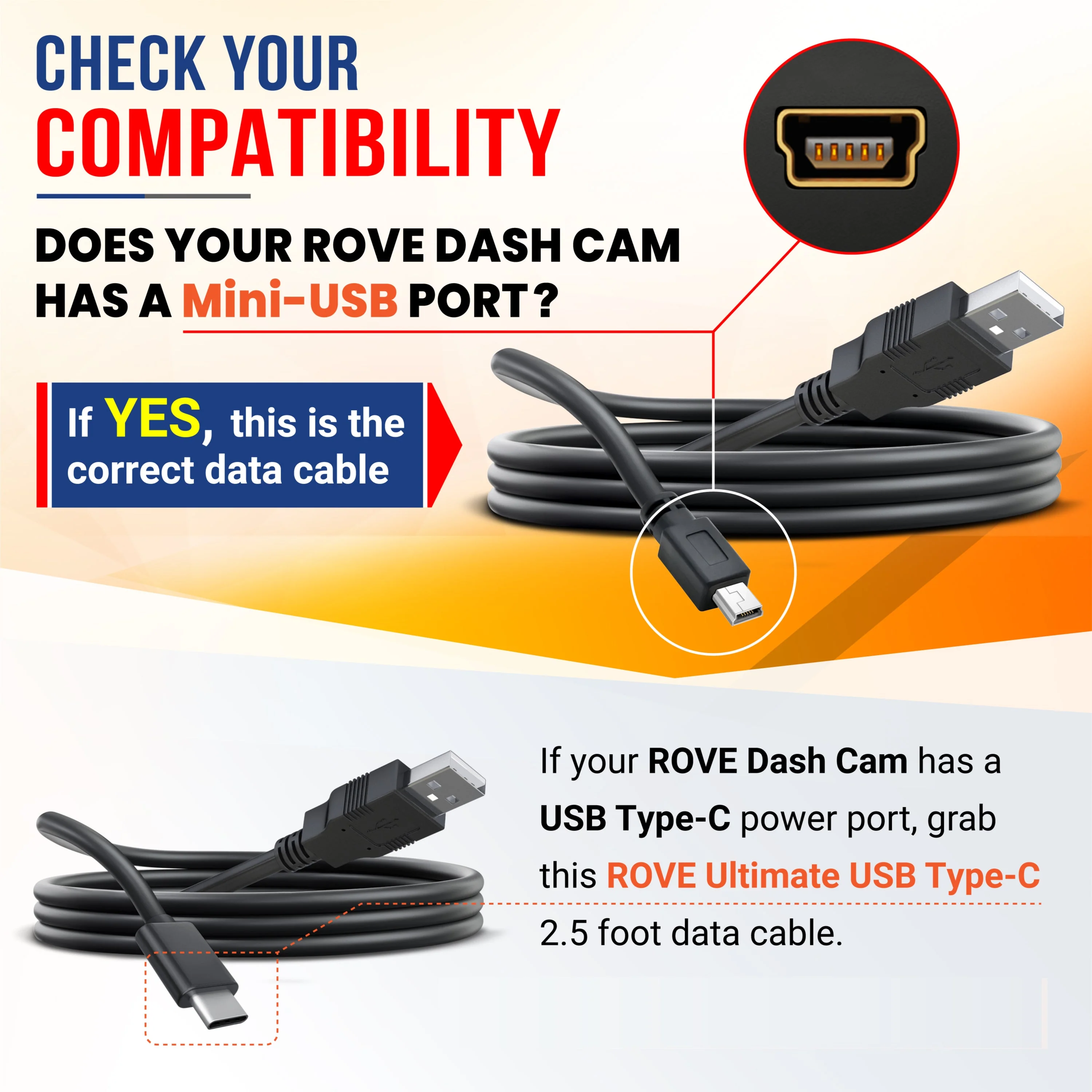ROVE Ultimate 2.5ft Mini-USB Data Cable for R2-4K Dash Cam | Check Compatibility Image Before Purchasing - Image 2