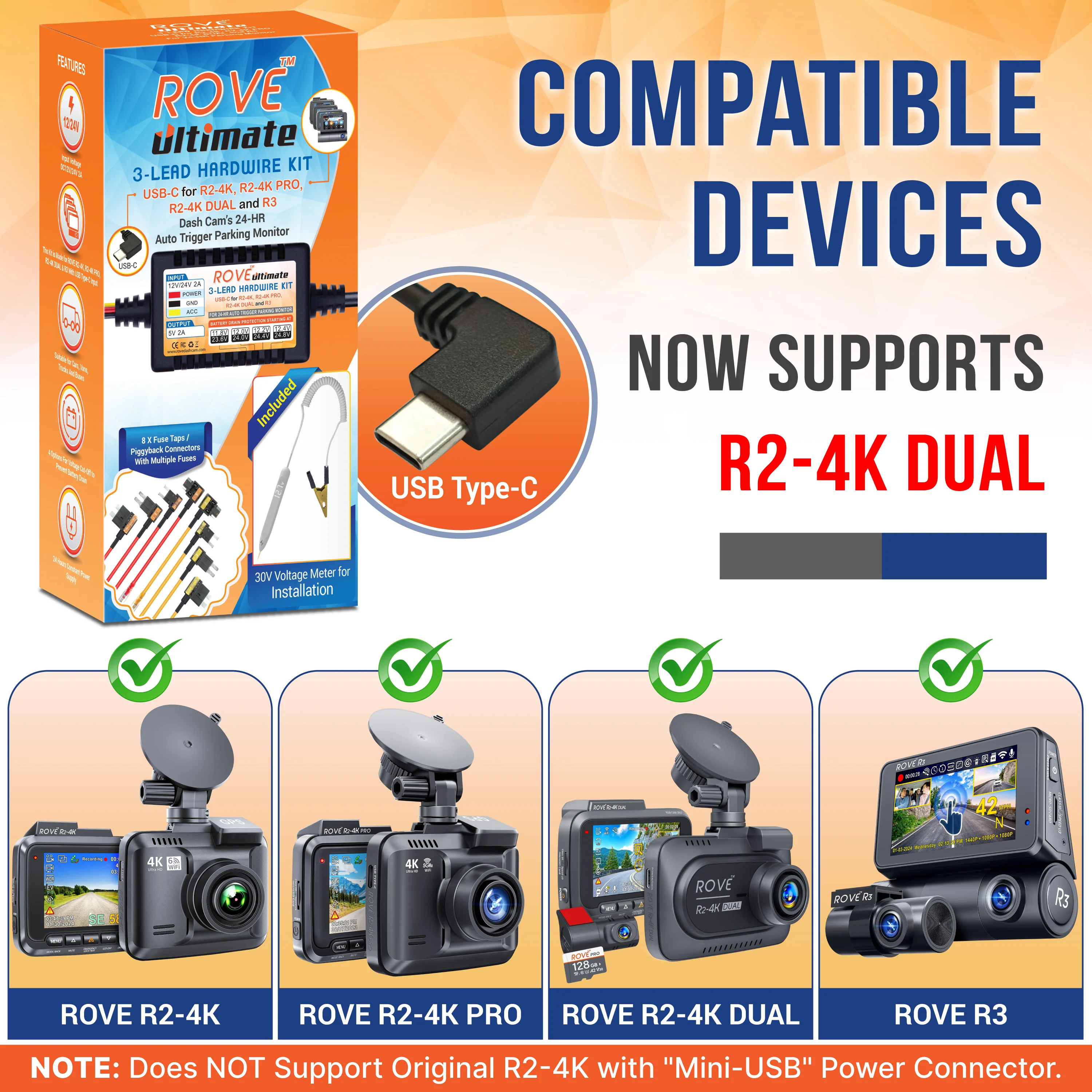 ROVE Ultimate 3-Lead USB Type-C Hardwire Kit | for ROVE R2, R2 PRO, R2-4K DUAL and R3 Dash Cam | Check Compatibility Image Before Purchasing - Image 4