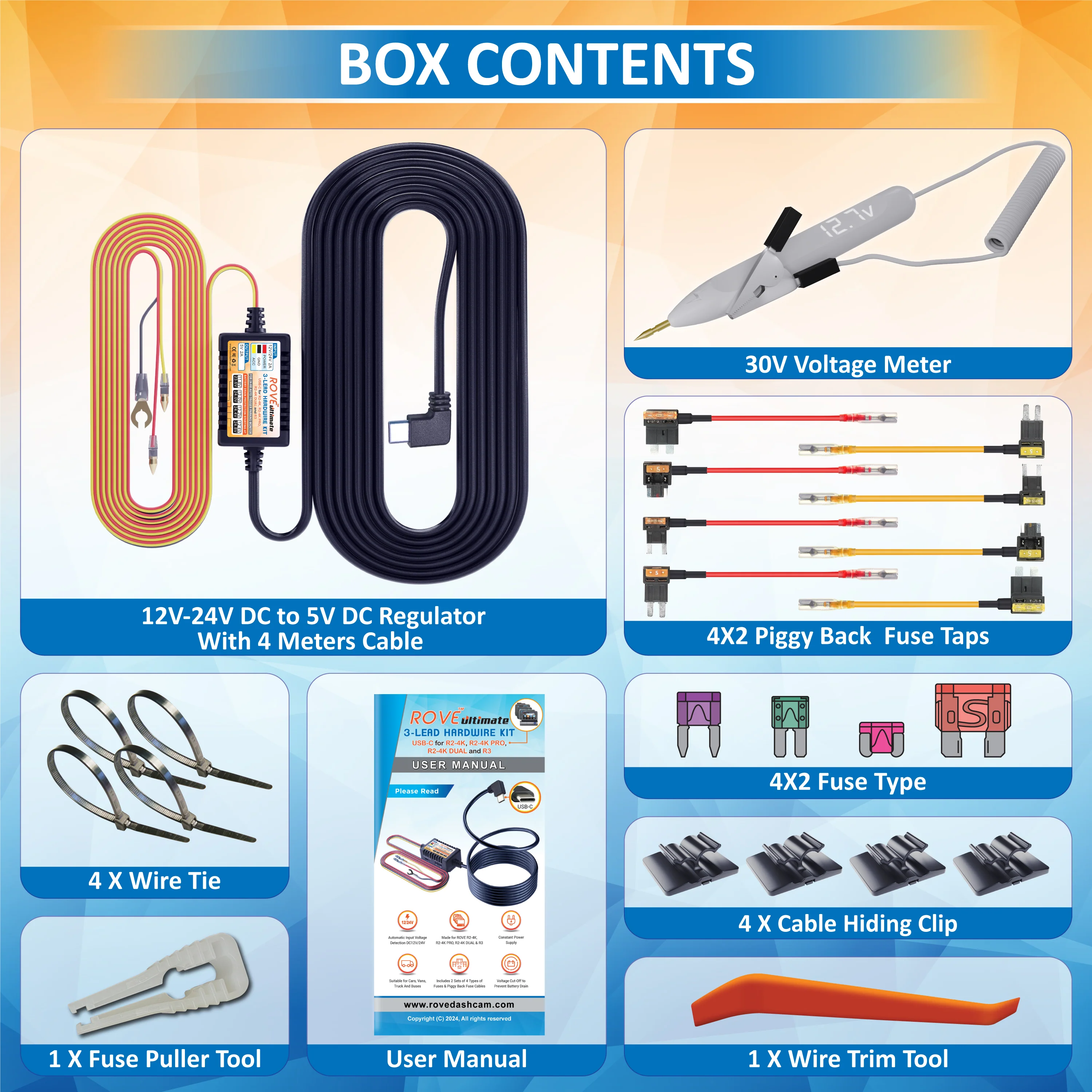 ROVE Ultimate 3-Lead USB Type-C Hardwire Kit | for ROVE R2, R2 PRO, R2-4K DUAL and R3 Dash Cam | Check Compatibility Image Before Purchasing - Image 7
