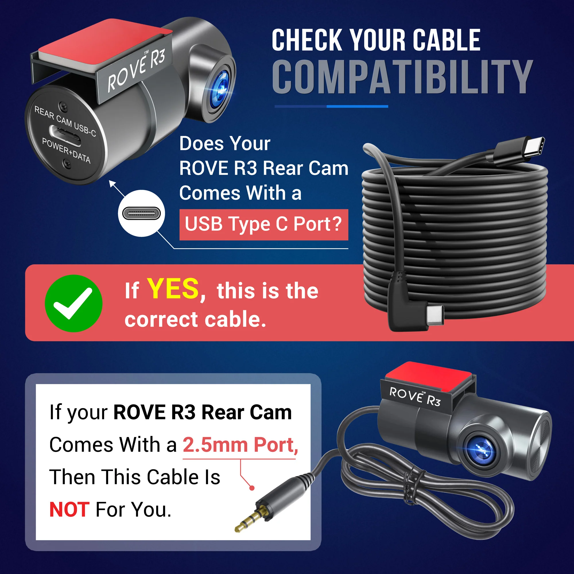 ROVE Ultimate 6M / 19.6FT USB Type-C to Type-C Rear Camera Cable for ROVE R3 Dash Cam | Check Compatibility Image Before Purchasing - Image 2
