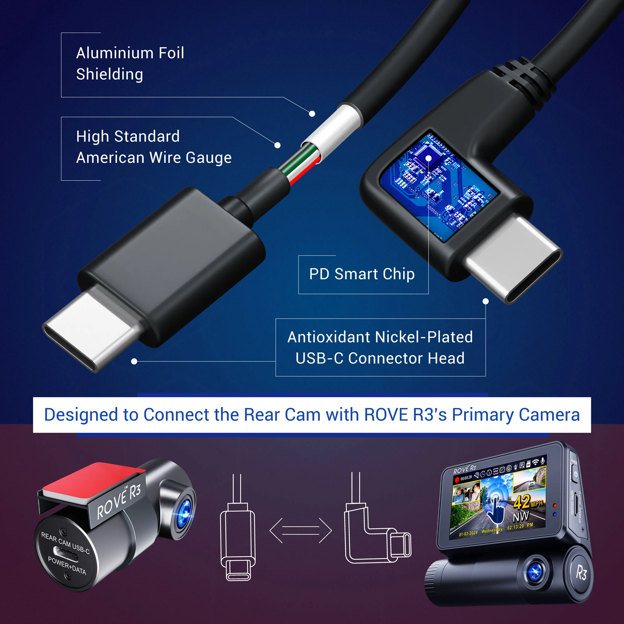 ROVE Ultimate 6M / 19.6FT USB Type-C to Type-C Rear Camera Cable for ROVE R3 Dash Cam | Check Compatibility Image Before Purchasing - Image 4