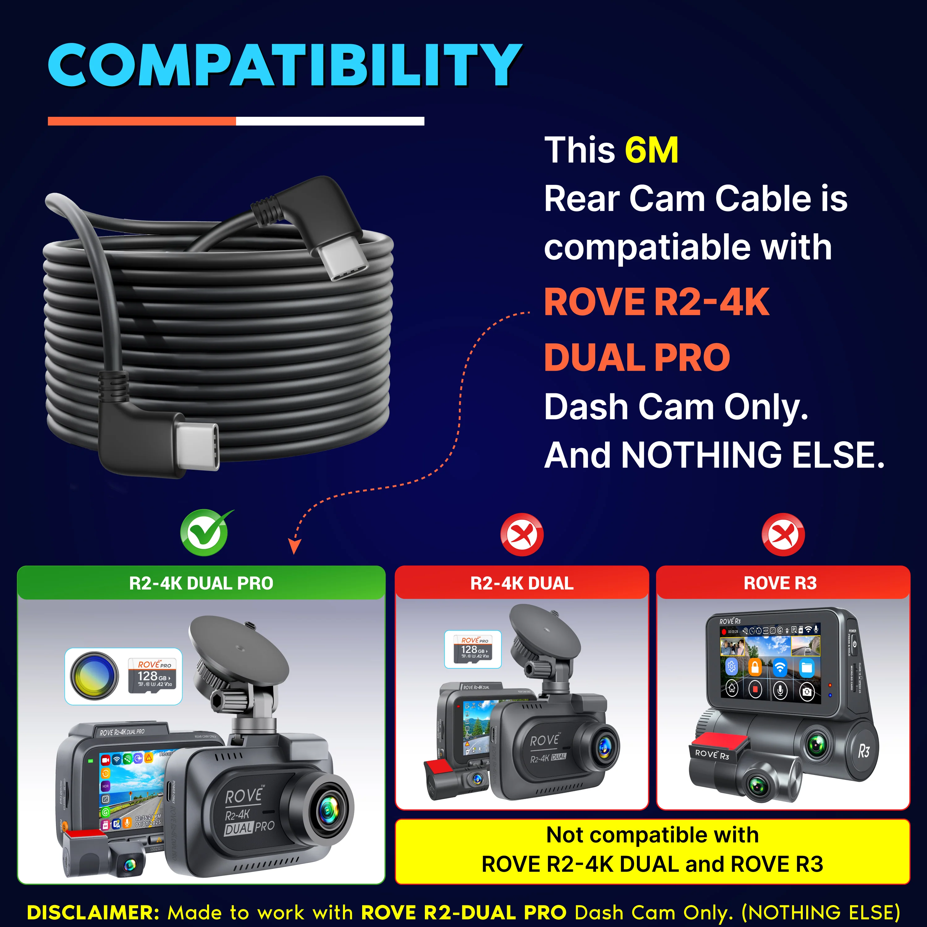 ROVE Ultimate 6M Rear Camera Cable for R2-4K DUAL PRO Dash Cam Only - Image 5